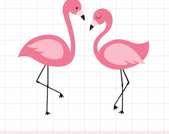 May include: Two pink flamingos with black legs and beaks are facing each other. The flamingos are in a simple cartoon style.