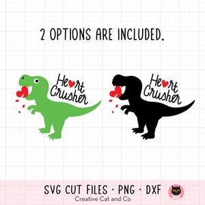 May include: Two digital cut files for a Valentine's Day design featuring a green and a black silhouette of a dinosaur with a heart in its mouth. The text "Heart Crusher" is written above the dinosaur.