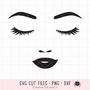 Archivo SVG DXF de rostro de mujer Pestañas svg Ceja svg Silueta Cara de mujer bonita Labios svg dxf Cara de mujer glamurosa Pestañas svg Archivo de corte de imágenes prediseñadas