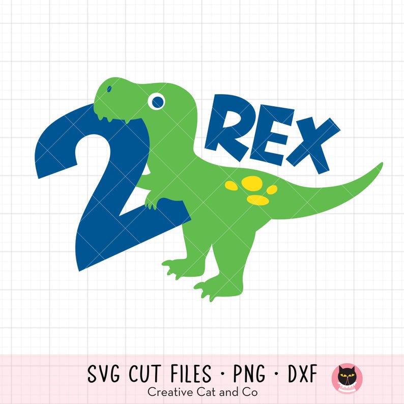 May include: A green dinosaur with yellow spots holding a blue number two. The dinosaur is biting the number two. The word "REX" is written in blue above the dinosaur.
