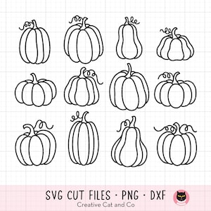 Calabazas contorneadas Svg, Paquete de calabazas Svg, Png, Doodle de calabaza, Doodle de arte de línea de calabaza, Coloración para niños, Sello digital, Archivo cortado, Dxf, Imágenes Prediseñadas