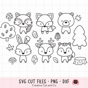 Niedliche umrissene Waldwaldtiere SVG, Png, Tierlinie Kunst zum Ausmalen, Kinderausmalen, Partyaktivität, Svg, Cut Files, Clipart, Png