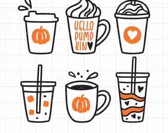 May include: Six black and white illustrations of different coffee drinks. The drinks include a pumpkin spice latte, a coffee with a pumpkin on top, a iced coffee, a latte with a heart, and a pumpkin spice latte with whipped cream. The text "Hello Pumpkin Kin" is on one of the cups.