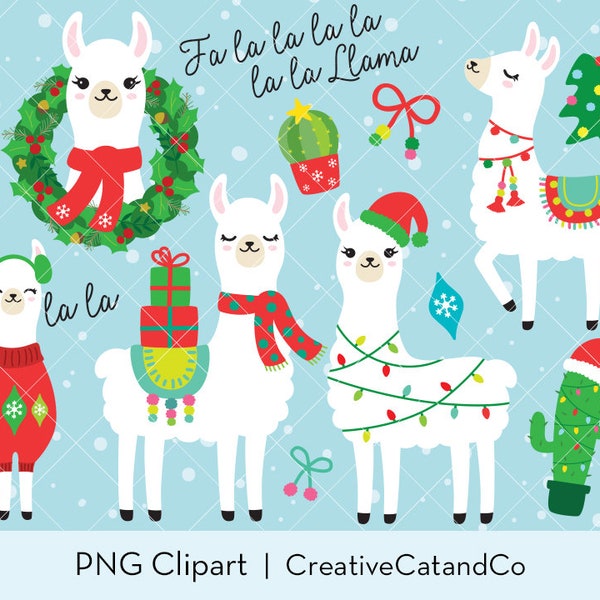 Christmas Holiday Llama Clipart Clip Art Fa La La Llama Alpaca Christmas Gift Llama Wearing Santa Hat Cactus Christmas Sweater Clipart