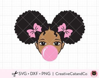 Afro Puff Girl Bubble Gum SVG Cute African American Black Girl Kid with Pink Bubble Gum Clipart Svg Dxf Png Cut Files for Cricut