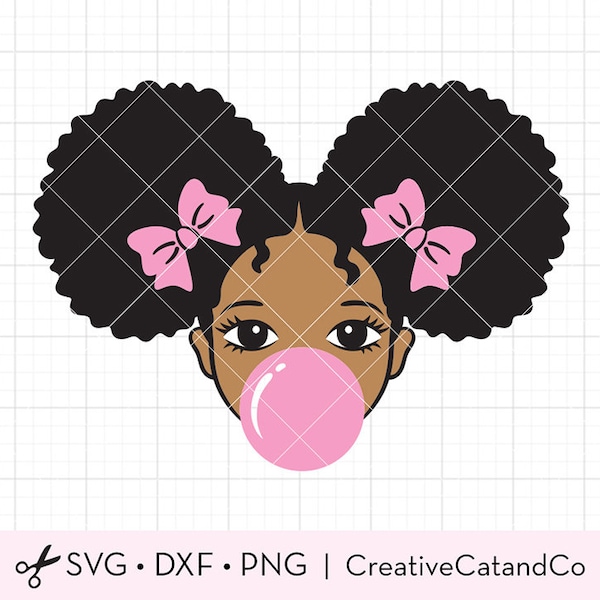 Afro Puff Girl Bubble Gum SVG Cute African American Black Girl Kid with Pink Bubble Gum Clipart Svg Dxf Png Cut Dateien für Cricut