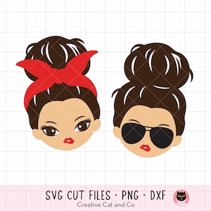 Messy Bun SVG Clipart Capelli lisci e ricci Chignon Ragazza con ciglia Volto di donna con Messy Bun Silhouette Mom Life Svg File di taglio per Cricut
