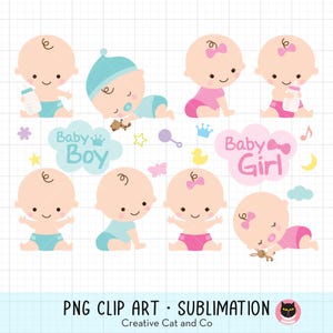 Babyshower PNG-clipartset, illustratie schattige babyjongen en meisje, slaap- en melkfles baby, grafische bundel feestuitnodiging