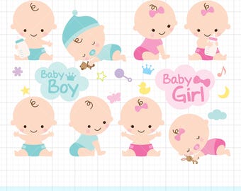 Baby Shower PNG Clipart Set, Cute Baby Boy & Girl Illustration, Sleeping and Milk Bottle Baby, Party Invitation Graphic Bundle