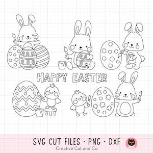 Paashaas kleuren gesneden SVG-bestand, omtrek tekenen PNG, konijn en kuiken schilderen eieren, Kid Coloring activiteit, digitale stempel Clipart