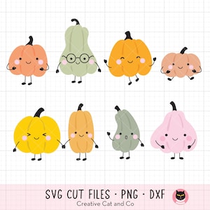 May include: A collection of eight cartoon pumpkins in various colors, including orange, yellow, and pink, each with a smiling face and small arms and legs. The image includes the text "SVG CUT FILES • PNG • DXF" and the Creative Cat and Co logo.