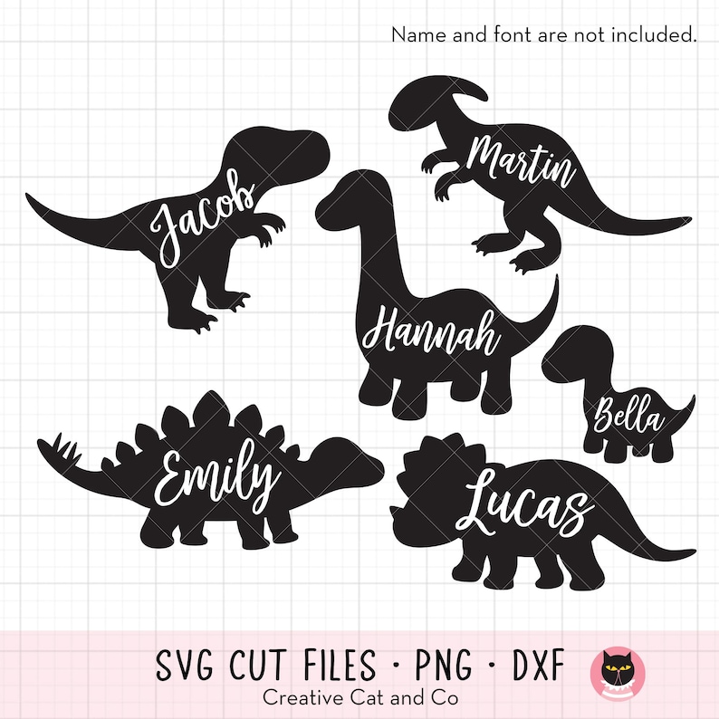 May include: Six black dinosaur silhouette cut files with names Jacob, Martin, Hannah, Emily, Bella, and Lucas. SVG CUT FILES PNG DXF Creative Cat and Co.
