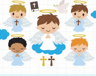 May include: Five cartoon angels with halos, wings, and crosses. The angels are all praying with their hands clasped together. The angels are all different colors and have different hair colors. There are two gold crosses and one brown cross on the bottom of the image.