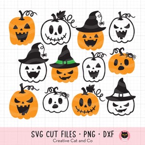 Op de afbeelding: Set van 10 Halloween-pompoen SVG-snijbestanden. De pompoenen zijn in verschillende stijlen, waaronder traditionele jack-o'-lanterns, griezelige pompoenen met tanden en schattige pompoenen met gestikte monden. Sommige pompoenen dragen heksenhoeden.