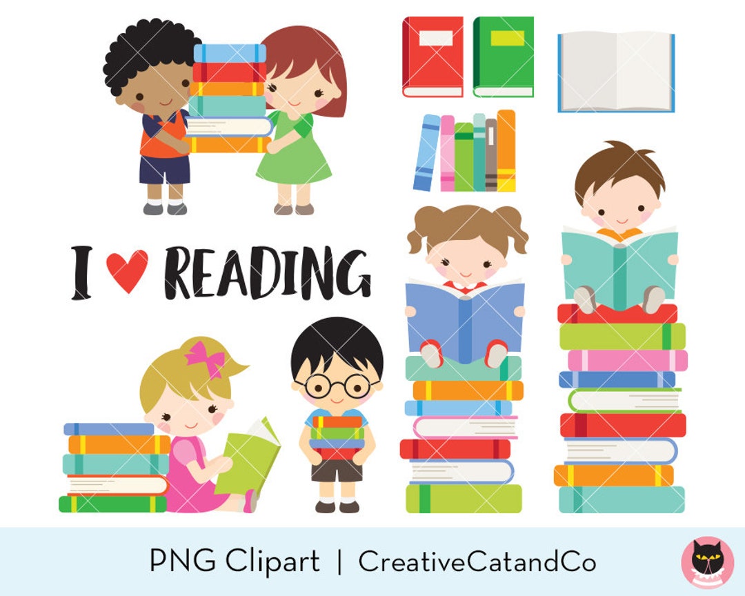 Kids Reading Books Clipart Boy and Girl Reading Books School - Etsy Ireland