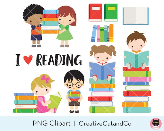 Kids Reading Books Clipart Boy And Girl Reading Books School Etsy