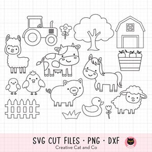 Boerderijdieren overzicht SVG clipart koe varken lama boerderij dieren verjaardagsfeestje Kid kleuren activiteit Svg Dxf-bestanden knippen voor Cricut glinsterende clip Art