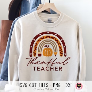 Teacher Thanksgiving Svg Png, Thankful Teacher Sublimation, Fall T-Shirt with Pumpkin and Pencil, Teacher Shirt Design, Svg, Cut Files