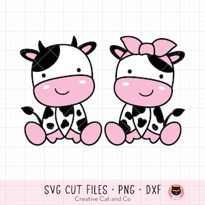 Cute Baby Cow SVG PNG, Boy and Girl Cow Clipart, Birthday and Party Theme, Cartoon Cow with Bow, Cricut Cut File, Illustration