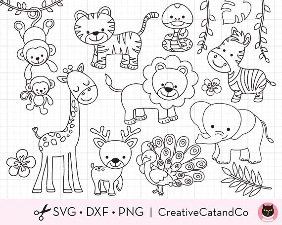 Safari Tiere Umriss Farbung Svg Clipart Wilde Dschungel Tiere Etsy