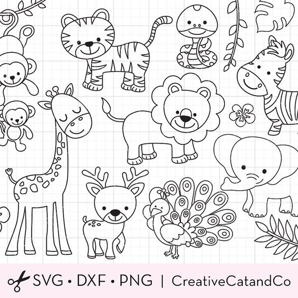 Safari Animals Outline Coloring SVG Clipart Wild Jungle Animals Lion Tiger Deer Giraffe Kid Party Coloring Activity Svg Dxf PNG Clipart