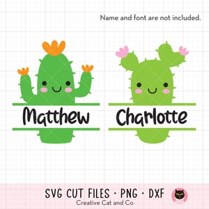 Schattige cactus split frame SVG PNG-zomercactus met gezicht clipart, voeg je naam, label, Cricut cut-bestand, DXF, personaliseerbaar ontwerp toe