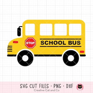 May include: A yellow school bus with black wheels, a red stop sign, and the words "SCHOOL BUS" printed on the side.