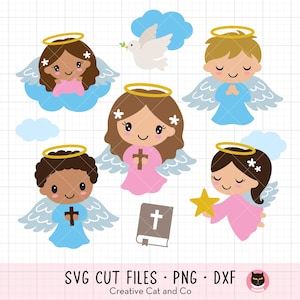 May include: A collection of cartoon angel illustrations. The angels have halos, wings, and are dressed in blue and pink robes. A dove with a sprig, a bible, and a star are also included. The image includes the text "SVG CUT FILES • PNG • DXF".