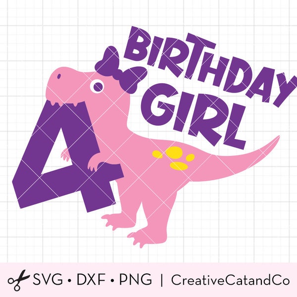 4 jaar oude verjaardag meisje SVG, vier Rex dinosaurus verjaardag, meisje 4e verjaardag, T-rex verjaardag meisje shirt, svg cut file dxf png sublimatie