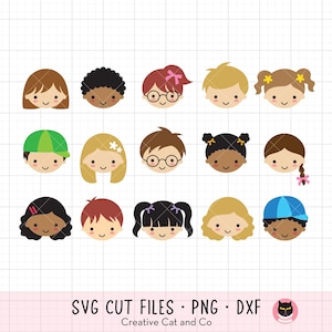 Kind Kinder Gesicht SVG DXF Clipart Niedlicher kleiner Junge Mädchen Kind Chracter Weiß Schwarz Afroamerikaner Asiatisch Vielfalt Kind Gesicht Set svg Clipart