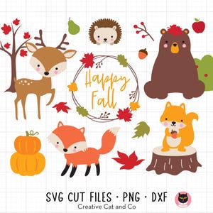 Automne animaux de la forêt SVG PNG Clip Art, fichier de coupe Cricut animaux sauvages automne, ensemble Illustration animaux mignons de la forêt, ours chevreuil renard