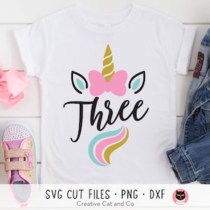 3e anniversaire de la fille licorne SVG, PNG, Clipart visage de licorne mignon, conception de T-Shirt anniversaire magique de conte de fées, Cricut, DXF, graphique en sublimation
