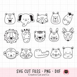 Può includere: Illustrazioni in bianco e nero di volti di animali, tra cui orso, elefante, volpe e tigre. L'immagine include anche il testo "SVG CUT FILES • PNG • DXF" e "Creative Cat and Co."