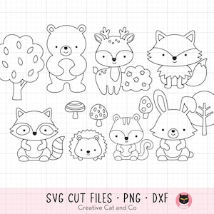 Waldtiere Umriss Färbung SVG PNG Digitaler Stempel Waldtiere Kind Geburtstagsparty Färbung Aktivität zwart Dxf Png geschnitten Dateien Clipart