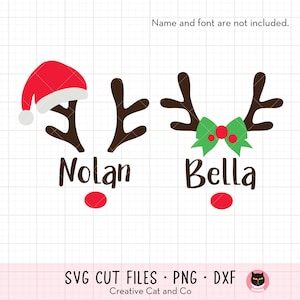Rendieren gewei met kerstmuts SVG schattige jongen en meisje kerst rendieren gezicht gewei met strik en rode neus Svg Dxf-bestanden knippen voor de Cricut