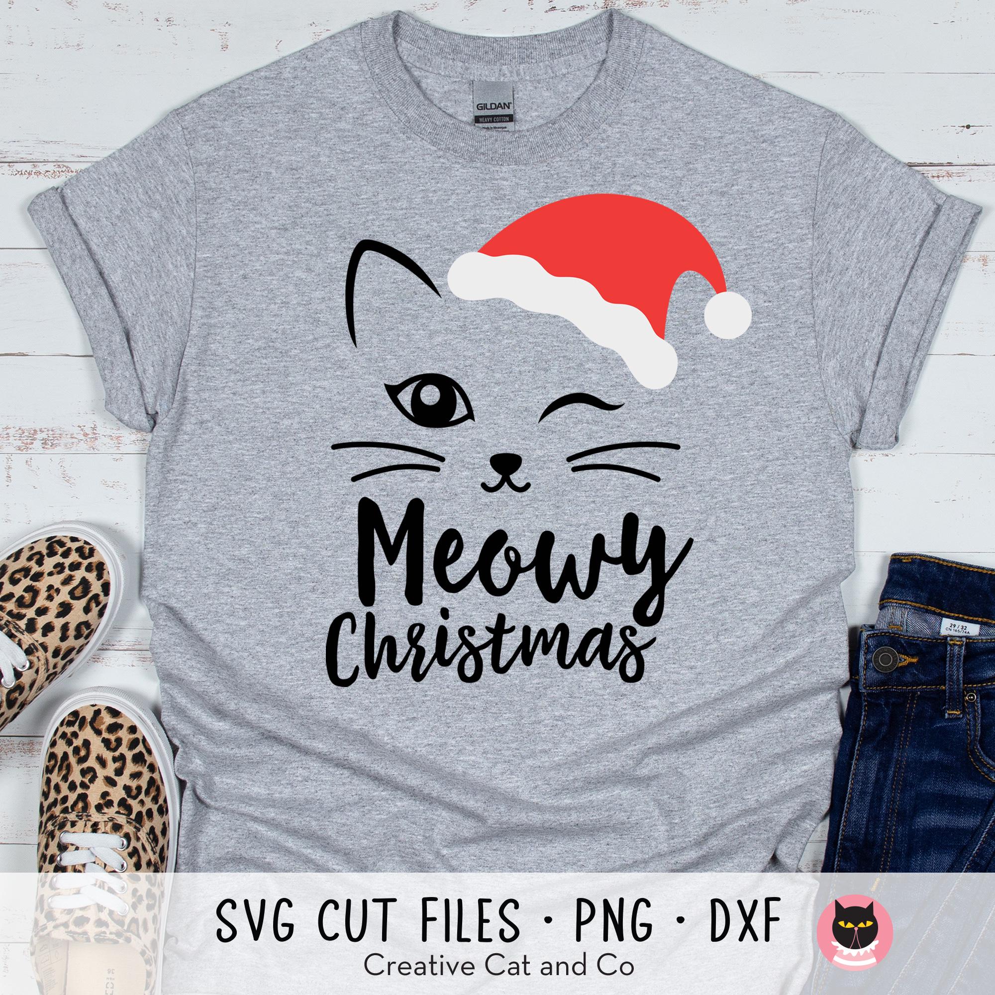 Meowy Christmas SVG PNG DXF | Cute Cat Face With Santa Hat Shirt Design ...