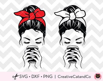 Messy Bun Svg, Messy Bun Drinks Coffee, Woman Drinks Coffee Svg, Pumpkin Spice, PSL, Messy Bun Bow, Drink Svg for Woman, Dxf, Png, Clipart