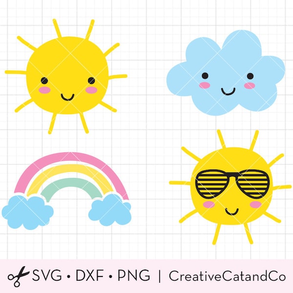 Sol sonriente SVG DXF Feliz sol con cara usando gafas de sol Clima Verano Rainbow Cloud svg dxf Cortar archivo Clipart