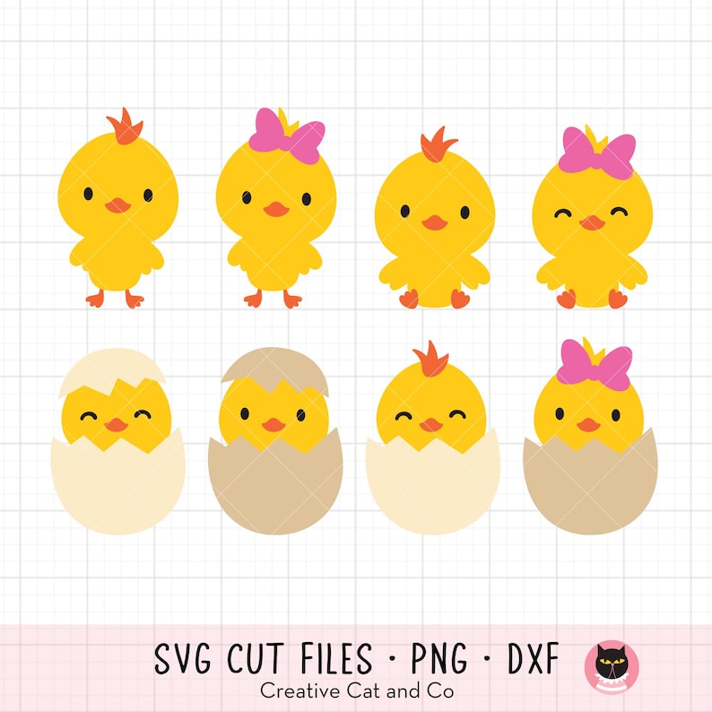 May include: Set of seven digital cut files featuring yellow chicks with pink bows. Some chicks are inside eggshells. The files are for crafting and can be used for projects like scrapbooking, card making, and party decorations.