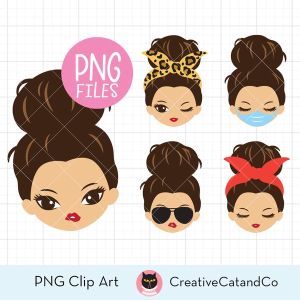 Cute Messy Bun Girl PNG Clipart Woman Face with Messy Bun Hair Sunglasses Face Mask Leopard Bandana Sublimation Designs Clip Art