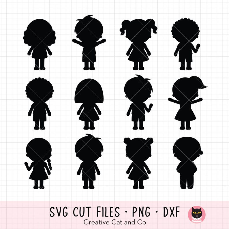 May include: A set of 12 black silhouette SVG cut files featuring children in various poses. The files are perfect for crafting projects, scrapbooking, and more.