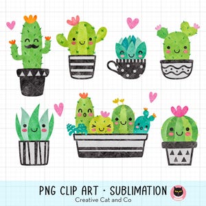 Cute Cactus PNG Clipart, Succulents with Faces, Watercolor Cactus Succulent Clip Art, Pot Plant Cartoon, Illustration Bundle