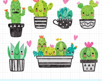 May include: A set of 9 watercolor cactus clipart images. The cacti are in various pots and have cute faces. Some cacti have hearts floating around them. The images are perfect for crafting, scrapbooking, and digital projects.