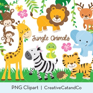 Jungle Safari Animal Clipart Cute Forest Lion Tiger Giraffe Monkey Zebra Elephant Deer Snake Hedgehog Animal Friends Clipart Clip Art Set