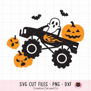 May include: A black monster truck with orange flames on the side, carrying a ghost and a jack-o'-lantern. Three additional jack-o'-lanterns are scattered around the truck.