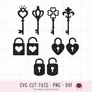 Sleutel en slot SVG PNG DXF - Vintage sleutels en sloten Clipart, hartsleutel, prinsessleutel, silhouetafbeeldingen, Cricut Cut-bestand, pictogram, logo, slotenmaker