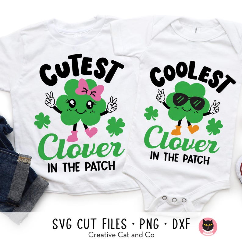 May include: Two white shirts with green shamrock designs. One shirt says "Cutest Clover in the Patch" and the other says "Coolest Clover in the Patch".