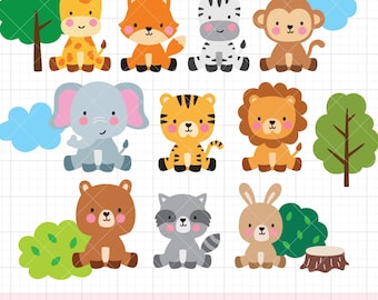 Baby Animals Bundle SVG PNG DXF | Cute Sitting Giraffe, Fox, Zebra, Monkey, Elephant, Tiger, Lion, Bear, Raccoon, Rabbit | Cricut Cut Files