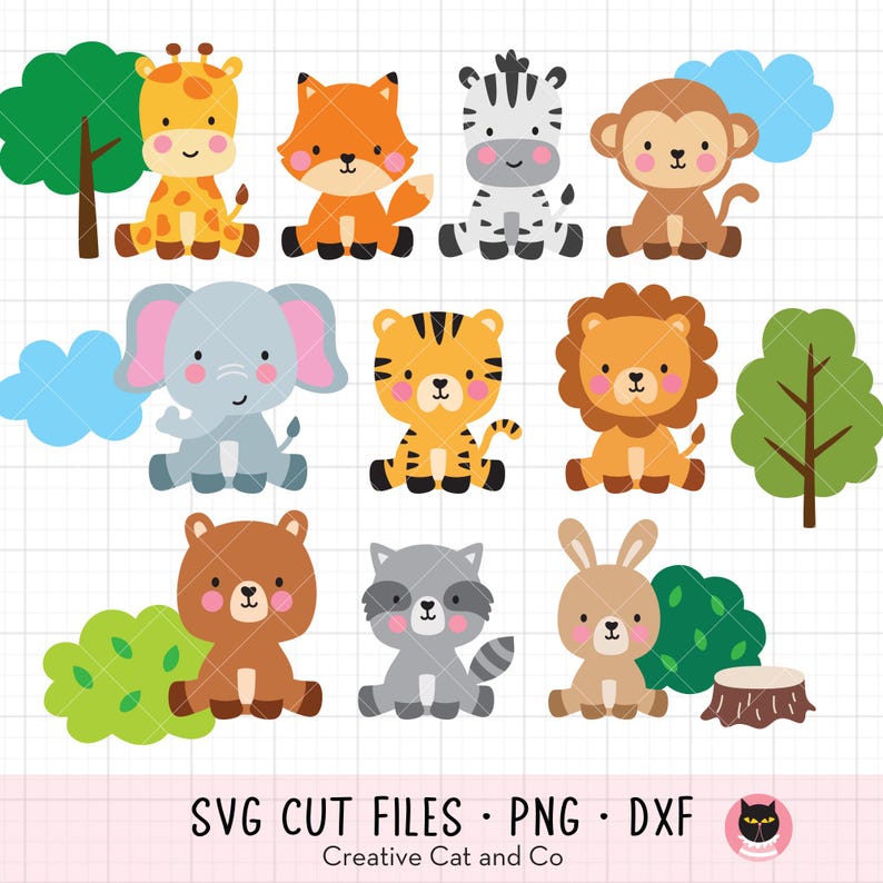 Baby Animals Bundle SVG PNG DXF | Cute Sitting Giraffe, Fox, Zebra ...
