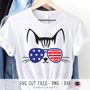 4th of July Cat SVG PNG, USA Flag Sunglasses, Funny Independence Day, Cat Lover, America, Stars and Stripes Sunglasses, Dxf, Png, Cut Files